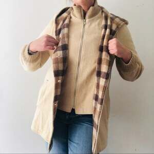 Vintage Long Plaid Jacket Hooded Pockets 1970s Wool Coat Size 12 Neutral Warm XL